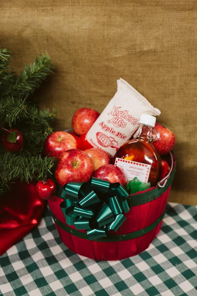 Red/Green Apples, Bottle of Apple syrup, bag of Apple pancake mix